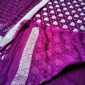 Purple Silver Zari Georgette Silk Banarasi Suit