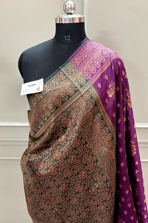 Purple and Bottle Green Golden Zari Banarasi Silk Saree