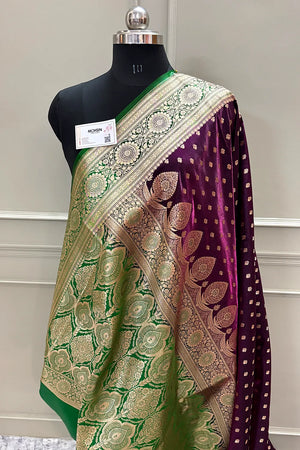 Purple and Green Makkhi Buti Satin Silk Banarasi Saree