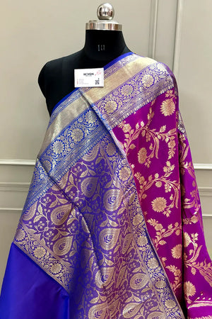 Purple and Royal Blue Morpankhi Jaal Satin Silk Banarasi Saree