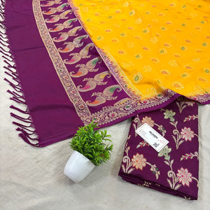 Purple and Yellow Golden Zari Katan Silk Banarasi Saree
