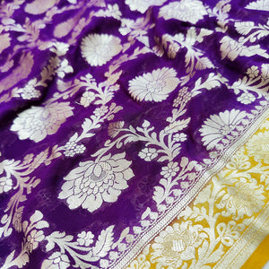 Purple and Yellow Handloom Pure Georgette Silk Banarasi Dupatta