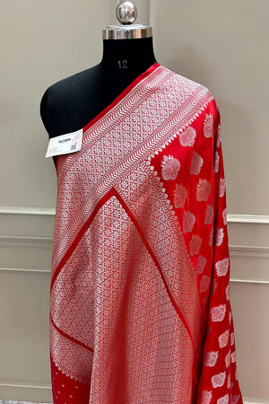 Raveena Tandon Red Katan Silk Banarasi Saree