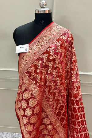 Red Bandhej Georgette Silk Banarasi Saree