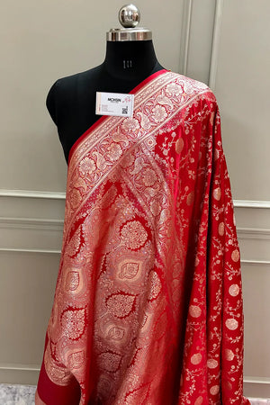 Red Churmuri Jaal Katan Silk Banarasi Saree