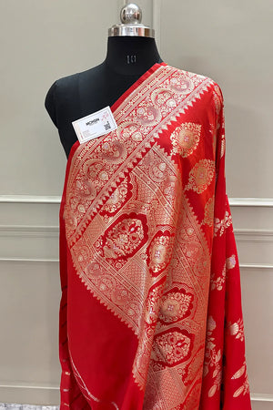 Red Golden Zari Katan Silk Banarasi Saree