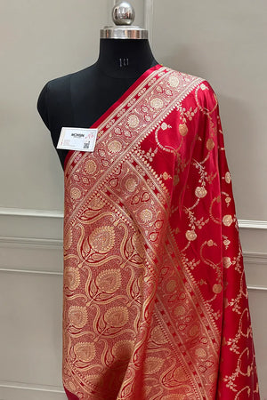 Red Kanchan Bel Katan Silk Banarasi Saree