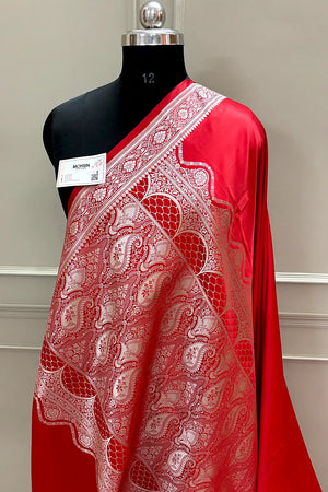 Red Plain Zari Border Katan Silk Banarasi Saree