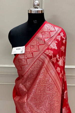 Red Zari Organza Silk Banarasi Saree
