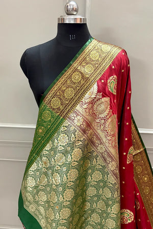 Red and Green Golden Zari Satin Silk Banarasi Saree