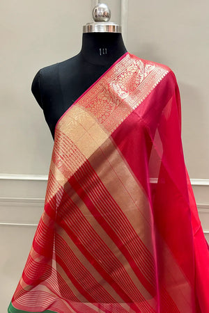 Red and Green Plain Silky Banarasi Saree