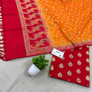 Red and Orange Golden Zari Katan Silk Banarasi Suit