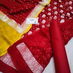 Red and Yellow Multi Handloom Georgette Banarasi Suit