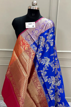 Royal Blue and Maroon Bharama Jaal Satin Silk Banarasi Saree