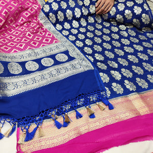 Royal Blue and Pink Handloom Georgette Silk Banarasi Suit