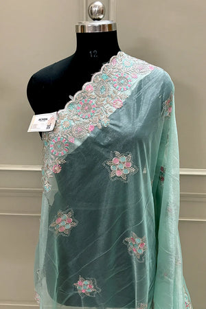 Sea Green Embroidery Siroski Brasso Net Saree