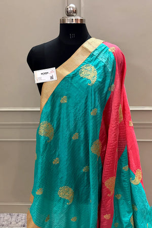 Sea Green and Peach Embroidery Silky Banarasi Saree