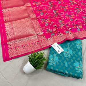 Sea Green and Pink Resham Zari Cotton Silk Banarasi Suit