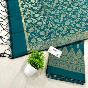 Teal Parvat Buti Satin Silk Banarasi Suit