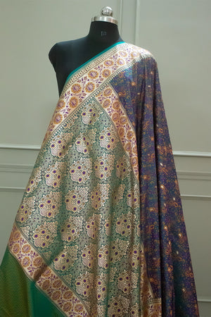 Teal and Peacock Jungli Jaal Katan Silk Banarasi Saree