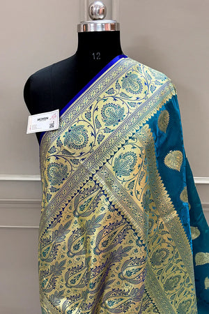 Teal and Royal Blue Golden Zari Katan Silk Banarasi Saree