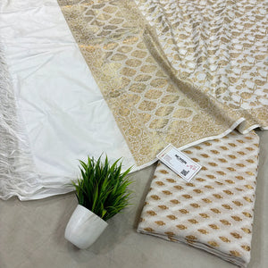 White Georgette Silk Banarasi Suit With Katan Dupatta