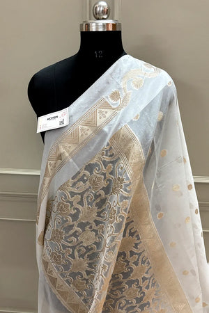 White Golden Zari Raw Mango Silk Banarasi Saree