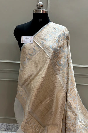 White Handloom Pure Chiniya Silk Banarasi Saree