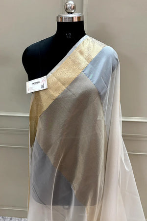 White Zari Border Organza Silk Banarasi Saree