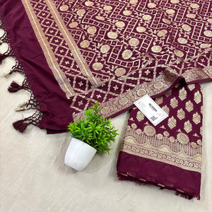 Wine Golden Zari Georgette Silk Banarasi Suit