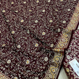 Wine Stone Work Kimkhab Silk Banarasi Gharara
