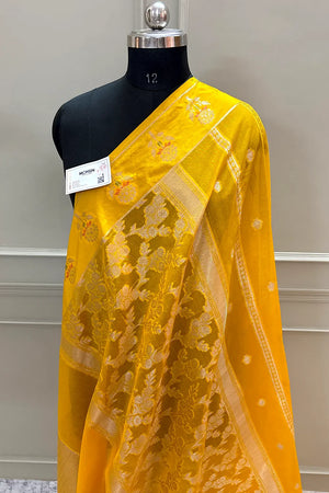 Yellow Golden Zari Raw Mango Silk Banarasi Saree