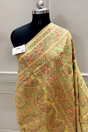 Yellow Printed Linen Silk Banarasi Saree
