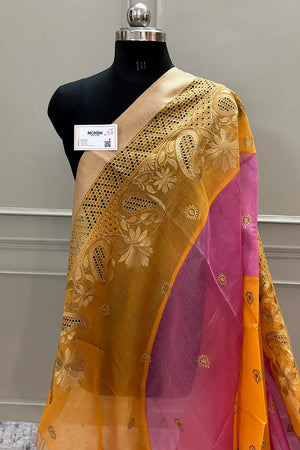 Yellow and Pink Embroidery Work Chanderi Silk Banarasi Saree