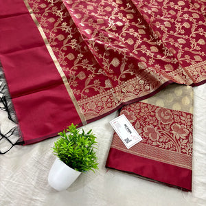 Beige and Maroon Gulkan Buti Satin Silk Banarasi Suit