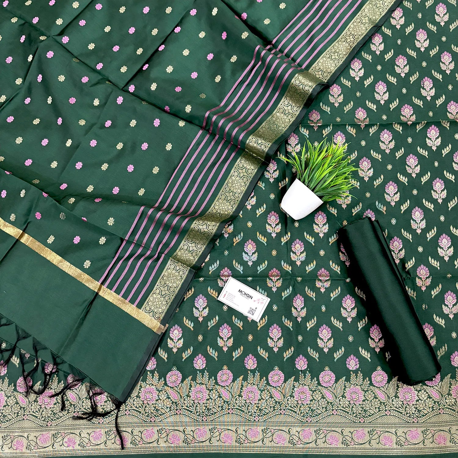 Bottle Green Golden Zari Satin Silk Banarasi Suit