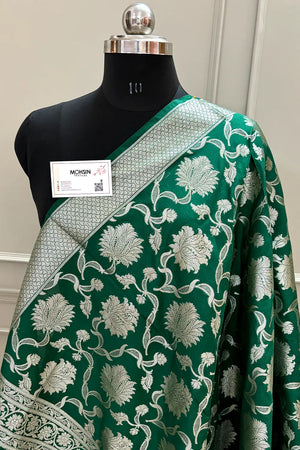 Bottle Green Golden Zari Katan Silk Banarasi Dupatta