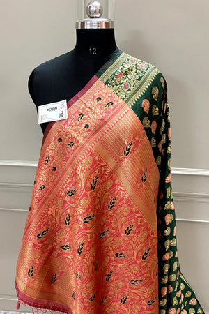 Bottle Green and Red Resham Zari Silky Banarasi Saree