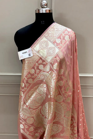 Dark Peach Mahinki Buti Katan Silk Banarasi Saree
