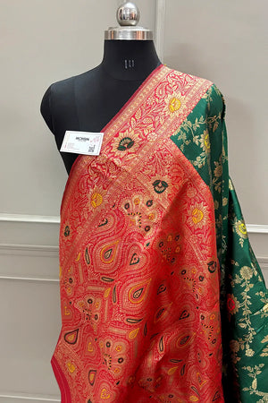 Green and Red Golden Zari Silky Banarasi Saree