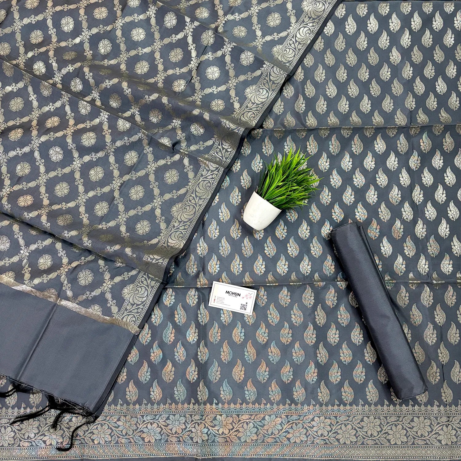 Grey Agnipath Buti Satin Silk Banarasi Suit