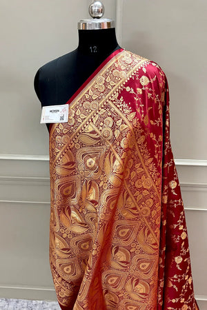 Maroon Jangla Katan Silk Banarasi Saree