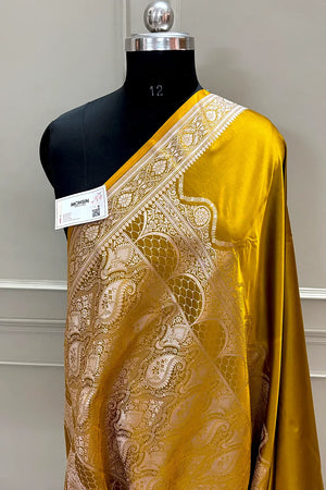 Mustard Zari Border Katan Silk Banarasi Saree