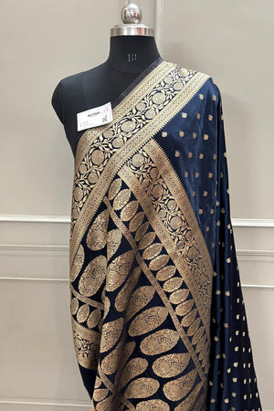 Navy Blue Golden Zari Katan Silk Banarasi Saree