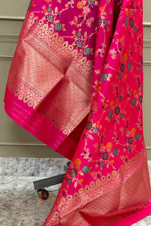 Pink Golden Zari Katan Silk Banarasi Dupatta