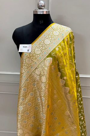 Pista Eragon Jaal Katan Silk Banarasi Saree