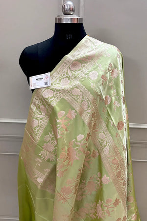 Pista Kesari Jaal Katan Silk Banarasi Saree