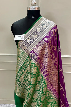 Purple and Green Golden Zari Katan Silk Banarasi Saree
