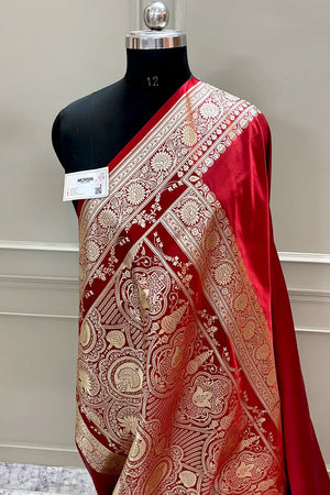 Red Plain Golden Zari Katan Silk Banarasi Saree