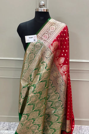 Red and Green Makkhi Buti Katan Silk Banarasi Saree